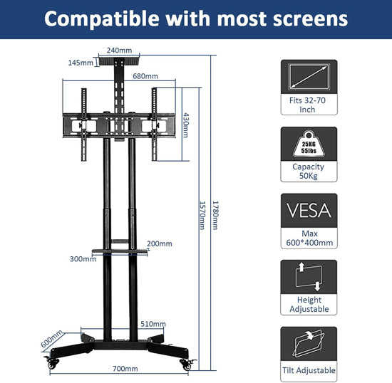 Support TV Mobile Roulant pour Écrans 32-72"